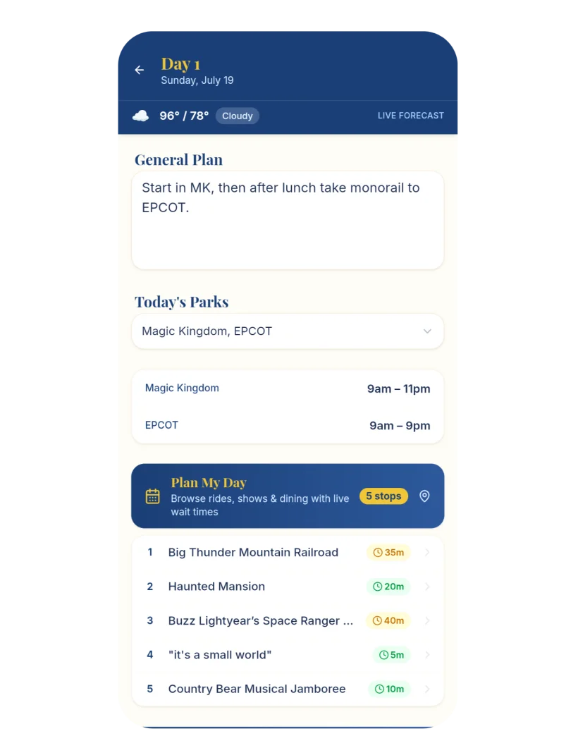 Wish Upon A Plan day planning screen