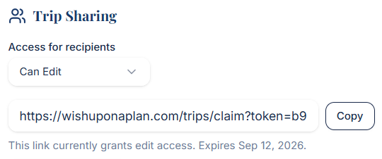 Trip sharing dialog with recipient access controls, a share link, and a copy button